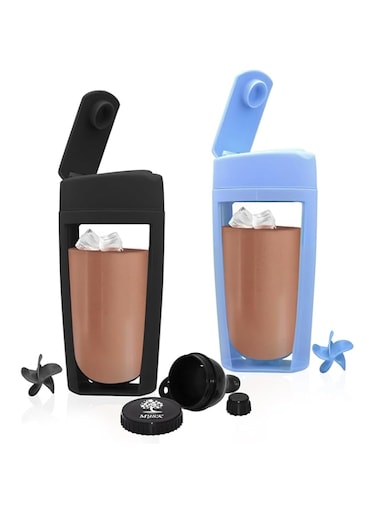 MYSK 2pcs 600ml U-Shaped Protein Shaker Bottle Set (Blue &amp; Black) - Leakproof for Protein Shakes, Smoothies, Gym, Fitness Drinks - Includes 50ml Portable Powder Funnel