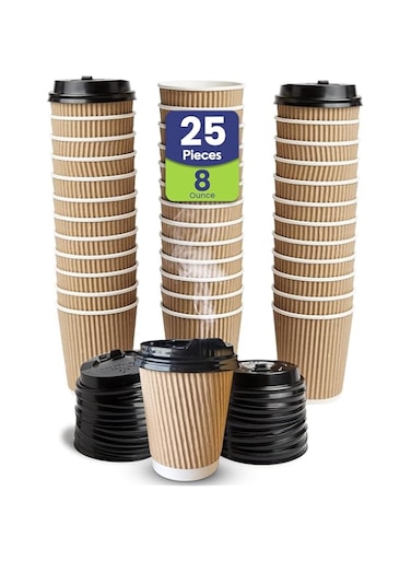 SNH Packing 8 Oz (Pack of 25) Brown Ripple Disposable Cups With Lids - 3 Layered Corrugated Paper Cups - Disposable Coffee Cup for Hot &amp; Cold Drinks - Perfect for Events &amp; Parties