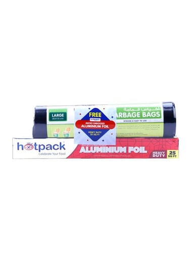 Pack of 15-Piece Heavy Duty Garbage Roll Black Large 80x110cm 55 Gallon+Embossed Aluminium Foil 25sqft Black 80x110cm