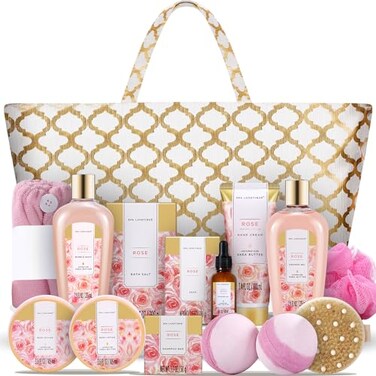 Spa Luxetique Gift Basket, Bath And Body Set For Women, Luxury 15 Pcs Sets, Rose Scented, Home Includes Massage Oil, Salt, Bubble Bath, Best Baskets Women.
