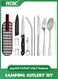 10 PCS Portable Travel Reusable Utensils Silverware with Case, Camping Cutlery set, Chopsticks and Straw Flatware, Stainless steel Utensil set Silver