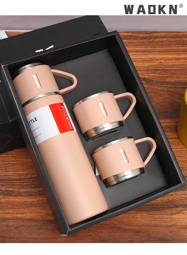 3-Piece Stainless Steel Gift Set Vacuum Thermal Mug Flask Bottle with 2 Extra Cup Set Leak-proof Mug Insulated Travel Business Trip Water Bottle Thermos Hot &amp; Cold Up to 12 Hours 500ml&iuml;&frac14;&OElig;Stainless Steel Thermo Vacuum Insulated Bottle with Cup for Coffee Hot Drink and Cold Drink Water Flask Bottle Tea Coffee Travel Thermos Mug Bottle