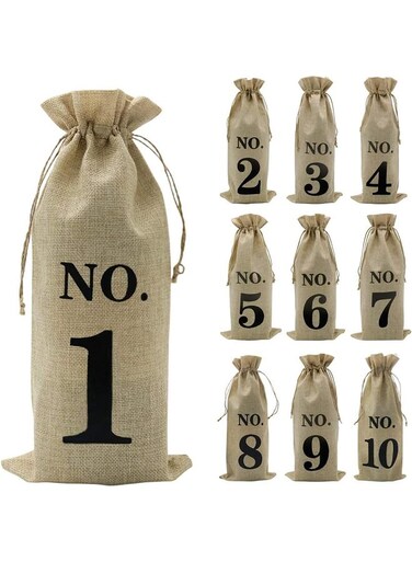 10pcs Jute Wine Bags, 14 x 6 1/4 inches Hessian Numbered Wine Bottle Gift Bags with Drawstring for Blind Wine Tasting (Brown)