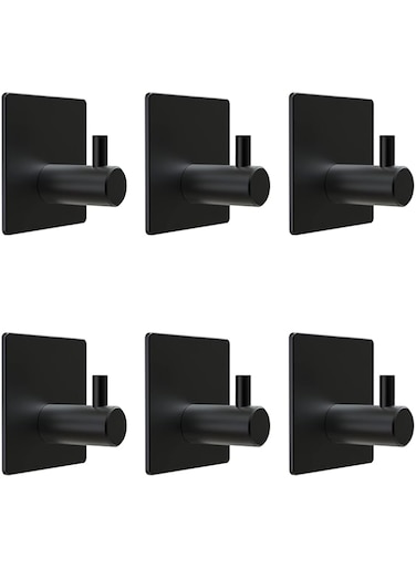 SAYONEYES Matte Black Self Adhesive Towel Hooks for Bathroom Wall Door Mounted - SUS304 Stainless Steel Strong Strips Stick on 3M Wall Hooks for Hanging Coat, Hat, Bag, Key, Jacket &ndash; 6 Pack