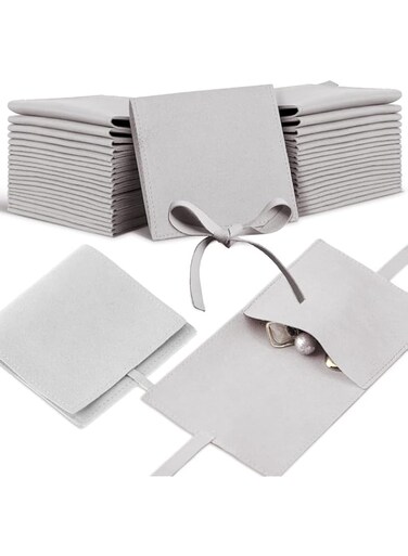PFUTURE 24 Pcs Microfiber Jewelry Pouches, 8 x 8 cm Luxury Small Jewelry Gift Bags with Bow Tie Design for Bracelet and Necklace Packaging. Envelope Style with Strings and Divider(Gray)