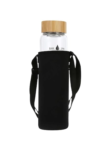 HENGFEI Borosilicate Glass Water Bottle 1L with Bamboo Lid, Tea Infuser, Adjustable Travel Sleeve, and Time Markings.