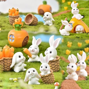 16Pcs Bunny Decor Easter Aquarium Decorations Resin Mini Easter Rabbit Figurines Ornaments Set Landscape Ornament Figurine for Holiday Fish Tank Supplies Table Decor