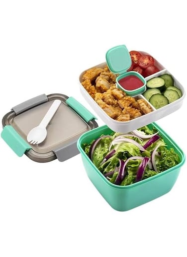Salad Lunch Container To Go, 52-oz Salad Bowls with 3 Compartments, Salad Dressings Container for Salad Toppings, Snacks, Men, Women (Green)