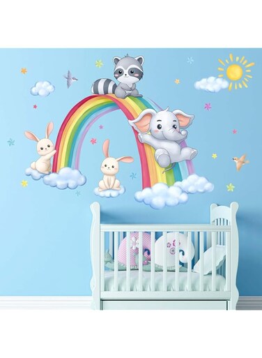 PinkEleph Rainbow Animal Wall Stickers - Elephant Rabbit Raccoon Wall Decals - Baby Nursery Kids Boy Girls Room Daycare Playroom Classroom Wall Decor