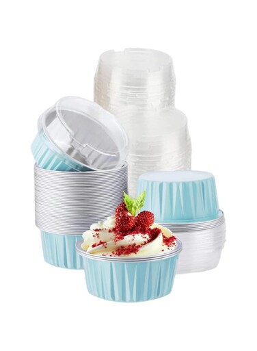 CURTEK 100 Pack Aluminum Foil Baking Cups with Lids 5 oz Dessert Cups Muffin Tins Disposable Mini Cake Pans Cupcake Cups Muffin Tins Liners for Wedding Birthday Individual Dessert Containers (Blue)