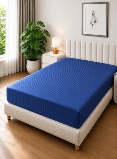 Linen Klub 1-Piece Microfiber Fitted Sheet Striped, Color Royal Blue, Design Soft Fabric Deep Pocket Elastic Edge Bed Linen Available in Single, Double, Queen, King and Super KIng