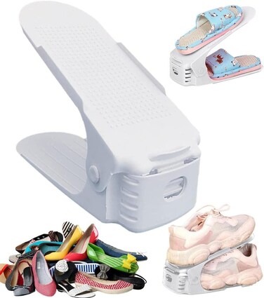 Adjustable Double Layer Shoe Slots Organizer Rack, 20 Pack White Shoe Space Saver for Sneakers &amp; High Heels