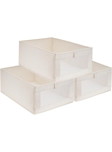 3Pcs Linen Storage Bins : Closet Organizers and Storage with Clear Window Foldable Large Storage Closet Baskets for Organizing Clothing Toys Books Shelves
