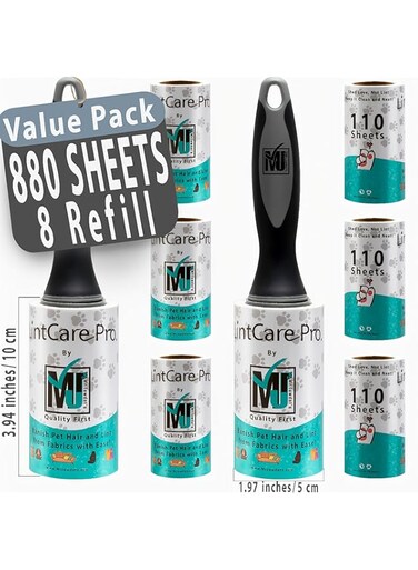 ((Super Sticky)) 880 Sheets 8 lint Roller Refills +2 Handles, Mr.Jawdat's Lint Care Pro is a strong lint remover roller-Pet hair remover. BPA-chlorine-free.