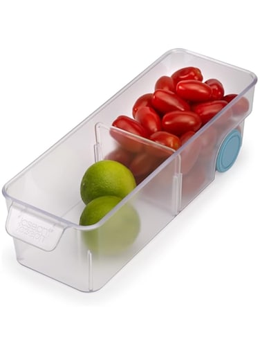 Joseph Joseph FridgeStore - Fridge Storage Bin Drawer organiser with easy-pull handle and wheels for easy access, fits all standard fridges, BPA free, Clear/Blue,Small,851662