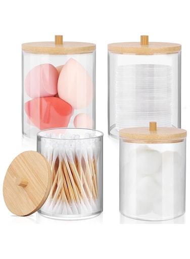 KASTWAVE Qtip Holder, 4 Pack Acrylic Qtip Holder, Bathroom Storage Jars with Bamboo Lids, Cotton Ball Cotton Swab Cotton Round Pads Holder for Bathroom Accessories Storage Shelf, Vanity