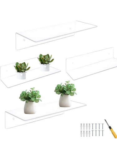 Pack Of 4 Floating Shelves, Wall, Acrylic Wall Shelf, Transparent, Wall Shelf, No Drilling With 8 Screws, For Bedroom, Living Room, Bathroom, Kitchen, Bathroom, Office