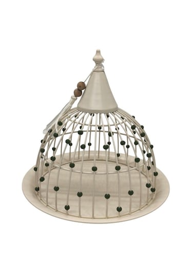 Metal Round Tray with Lid 27cm*27cm, White with Green Beads
