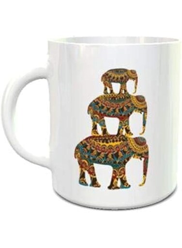 Impress White Ceramic Coffee Mug with Ethnic Elephant Design