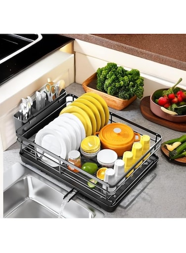 TMOHRA Dish Drying Rack for Kitchen Counter -Dish Racks Large Dish Rack with Drainboard, Rustproof Dish Drainer with Utensil Holder for Sink,Dish Drainer Black