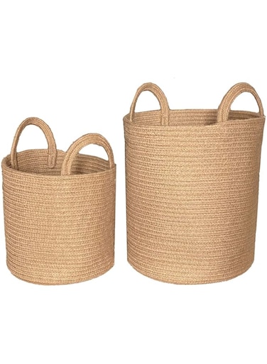 FCG Home - Jute Rope Basket - Set of 2 - Woven Rope Basket with Handles for Storage of Laundry, Toys, Baby, Blanket, Clothes, Plants (Jute)
