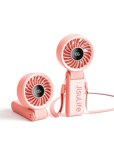 JISULIFE Handheld Fan Life7,2024 Powerful Portable Fan with LED Display,3600mAh,150&deg;Folded,5 Speeds,Lanyard[13Hrs Max Cooling]3-IN-1 Hand/Desk/Neck Fan,Summer Essentials for Travel,Concert,Lash(Pink)