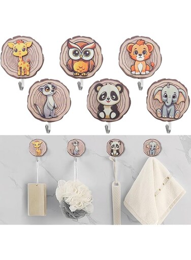 NALACAL Wooden Animal Wall Hooks, 6-Pack Kids Self Adhesive Coat Hooks, Children Animal-Shaped Coat Hooks, Cartoon Hanging Wall Mounted Hooks for Coats, Towels, Hats,Backpack, Robe, Purse Decorative