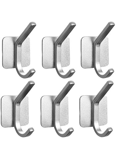 Aputue Adhesive Wall Hook, Heavy Duty Waterproof Aluminum Self Adhesive Bathroom Hooks, Traceless NO Nails Shower Hooks for Hanging Robe, Coats, Keys, Kitchen, Closet, Cabinet, Door (Silver 6 Pack)