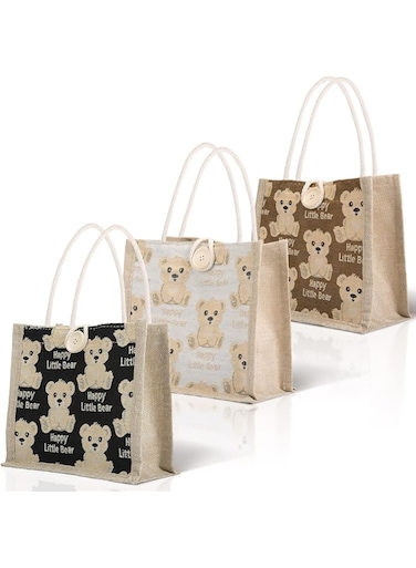 Azonee 3 Pack Mini Jute Tote Bag with Bear Prints Burlap Gift Totes with Handles Jute Burlap Tote Bags Jute Hessian Bags Small Gift Bag Lunch Sandwich Bag (Beige, Brown, Black, Button Closure Design)
