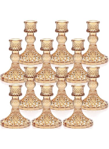 DARJEN Candlestick Holders Set, 4" H Taper Candle Holders Bulk, 12Pcs Glass Candle Holders for Wedding, Festival, Party &amp; Windowsill Decor, Amber