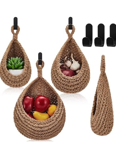 Wall Basket Teardrop Hanging Baskets Onion Basket Coat Bohemian Storage Fruit Wall Hooks for Kitchen Wall Home Restaurant Storage Vegetable, 3 Sizes