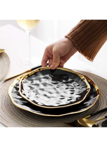 ZRZJBX Irregular Plate, Bread Plates, Porcelain Dinner Set, Dinner Set, Dessert Plates, Gold Plates With Decrative Gold Rims, Two Pieces,Black-O19.5Cm+O24.5Cm