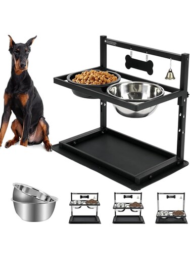 Fitmos Elevated Dog Bowls with Slow Feeder, Raised Dog Bowl for Large Dogs Adjusable Height with 2 Stainless Steel Dog Food Bowls Spill Proof Mat, Dog Bowls for Large Medium Dogs.(Black)