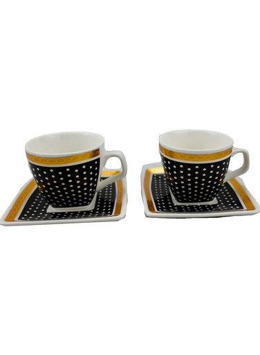 Set Ceramic Cups, Black Pattern and Polka Dots Design Mugs with Saucer, Set of 2