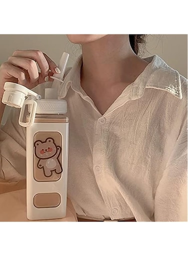JQWSVE Kawaii Bear Water Bottle with Straw and Sticker, Large Sport Plastic Portable Square Drinking Bottle for Girl, Cute Juice Tea Water Cups