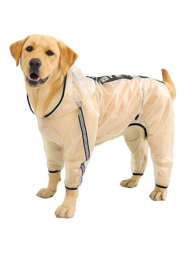 Olsa Dog Raincoat, Dog Hooded Slicker Poncho, 4 Legs Dog Rain Jacket with Reflective Stripe, Transparent Water Proof Resistant Dog Rain Snow Clothes for Small Medium Large Dogs