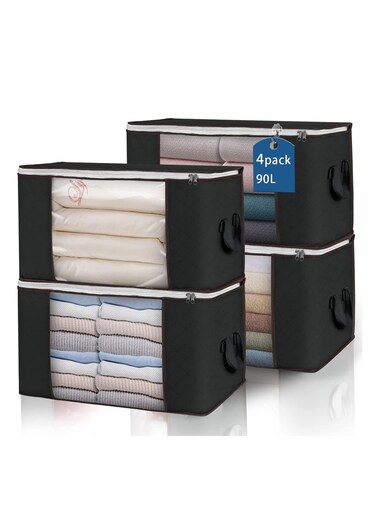 Large Storage Bags, 4 Pack Clothes Storage Bins Foldable Closet Organizers Storage Containers with Durable Handles Thick Fabric for Blanket Comforter Clothing Bedding 90L (Black)