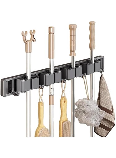 Adjustable Broom Holder Wall Mount Mop Hanger 4 Racks 5 Hooks, Removable Brooms and Mops Organizer Storage Clips Rack for Laundry Garage Kitchen Bathroom Garden Tools (Grey 4R5H)