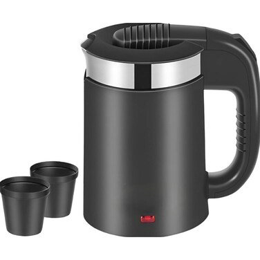 Portable Electric Kettle 500ml 1100W Travel Water Boiler with Cups Fast Heating Black