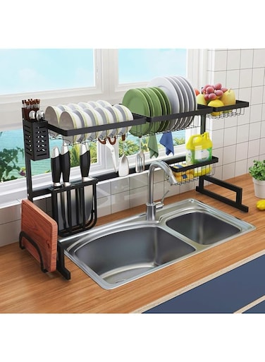 Dish Drying Rack Over Sink - 2 Tier Large 18/8 Stainless Steel Drainer Display Shelf With Kitchen Utensil Holder,Plate Knife Cutting Board Flatware Cutlery Vegetable Organiser(Sink Size = 90Cm)