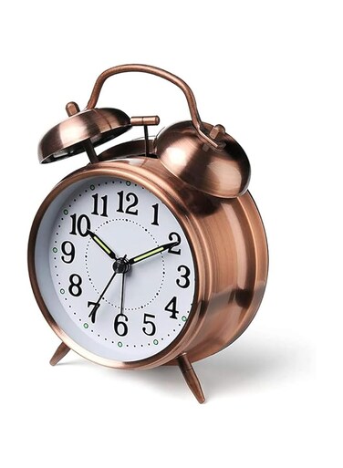 X spring Twin Bell Alarm Clock, 4-Inch Metal Twin Bell Alarm Clock, Vintage Small Analog Silent Table Desk Alarm Clock, Battery Operated with Backlight Loud for Heavy Sleepers Bedroom (Red-Brown)