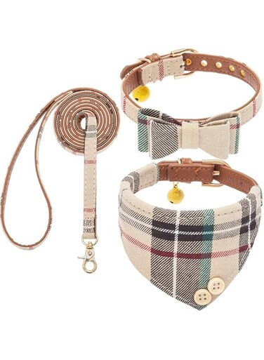 LIENJAER Bow Tie Dog Collar and Leash Set for Small Dogs - Puppy Leash Collars Classic Plaid - Adjustable Size with Golden Bell - Perfect for Small Breeds Boys