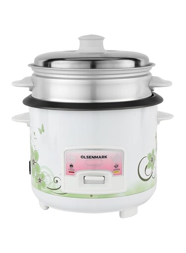 Olsenmark 500W Automatic Rice Cooker OMRC7026 1.5L Capacity, 3-in-1 Functions, Cook, Steam and Keep Warm, Aluminum Non-Stick Inner Pot, Rice Spoon and Measuring Cup- white