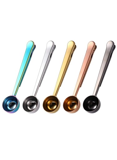 Set of 5 Coffee Scoop Clip, 2-in-1 Stainless Steel Coffee Measuring Spoon with Sealing Clips, Kitchen Craft Long Handle Spoon Bag Clip for Coffee, Milk Powder, Oatmeal, Tea
