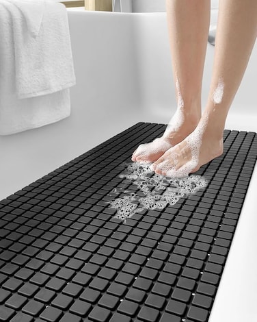 Najam Bath Tub Shower Mat Non-Slip 16 x 39 Extra Long Bathtub Mats, Suction Cups, Drain Holes, Machine Washable Bathroom Bathmat, Black