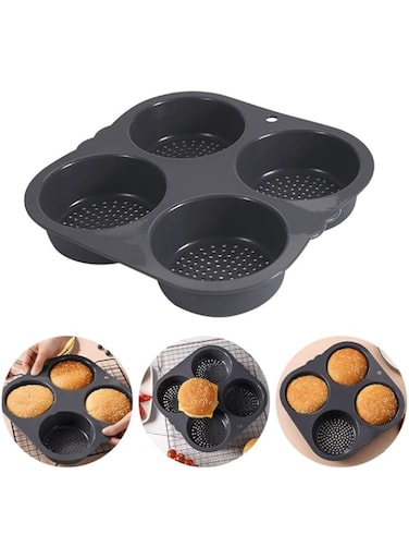 NALACAL Silicone Hamburger Bun Mold with 4 Cavities, Mesh Silicone Hamburger Bun Baking Pan Non-Stick Loaf Pan Non-Stick Baking Pan Silicone Baking Tool for Making Buns Home Baking Hamburger Buns