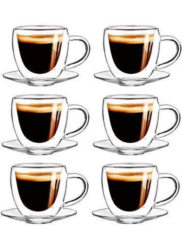 6-Piece Double Wall Glass Teacup and Saucer Set Clear 8.5cm