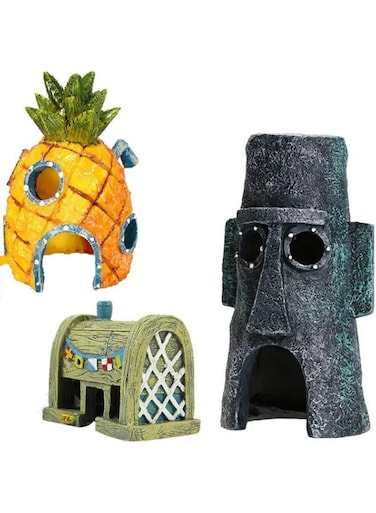 SKEIDO 3Pcs/Set Fish Tank Aquarium Decor Squidward House Pineapple Cartoon House Home Ornaments Aquarium Accessories