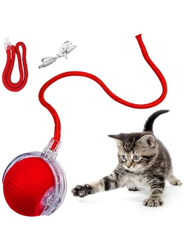 Cxqbsmy Interactive Cat Toy Ball, Automatic Moving Rolling Play Cat Toys with Rope, 360&deg; Rotating Rolling Ball Pet Toy with Usb Charging and LED Lights for Pet Kitten(Red)