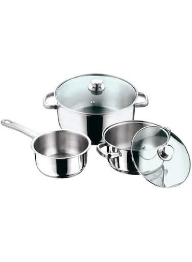 VINOD STAINLESS STEEL 5 PC COOKWARE SET, VICS05, SAUCEPAN - 16CM WITHOUT LID   CASSEROLE - 20CM WITH GLASS LID   CASSEROLE - 24CM WITH GLASS LID